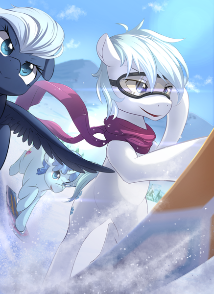 Size: 1187x1630 | Tagged: safe, artist:aymint, derpibooru import, part of a set, double diamond, night glider, party favor, earth pony, pegasus, pony, unicorn, clothes, cloud, crepuscular rays, female, flying, goggles, male, mare, mountain, open mouth, scarf, seasons, skiing, skis, sky, smiling, snow, snowboard, snowboarding, spread wings, stallion, trio, wings, winter