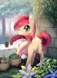 Size: 1187x1630 | Tagged: safe, artist:aymint, derpibooru import, part of a set, roseluck, earth pony, pony, bouquet, brick wall, colored pupils, cute, female, flower, forest, looking at you, mare, one eye closed, petals, potted plant, raised hoof, ribbon, rose, seasons, solo, spring, table, tablecloth, wink