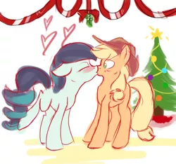 Size: 1280x1200 | Tagged: applejack, artist:sketchbox, blushing, christmas, christmas tree, coloratura, derpibooru import, eyes closed, female, heart, kissing, lesbian, mistletoe, rarajack, safe, shipping, tree