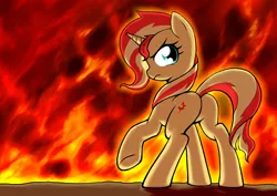 Size: 1754x1240 | Tagged: safe, artist:commissarbu, derpibooru import, sunset shimmer, pony, unicorn, fiery shimmer, fire, plot, solo