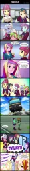 Size: 800x4424 | Tagged: safe, artist:uotapo, derpibooru import, indigo zap, lemon zest, princess cadance, sour sweet, sugarcoat, sunny flare, sunset shimmer, twilight sparkle, twilight sparkle (alicorn), equestria girls, friendship games, bus, clothes, comic, crystal prep academy, crystal prep academy uniform, dean cadance, devil horn (gesture), dialogue, fallout, fallout 3, female, mistaken identity, open mouth, pipboy, school uniform, shadow five, skirt, speech bubble, sunny flare's wrist devices, sweatdrop, test paper, uotapo is trying to murder us, upskirt denied, v.a.t.s.