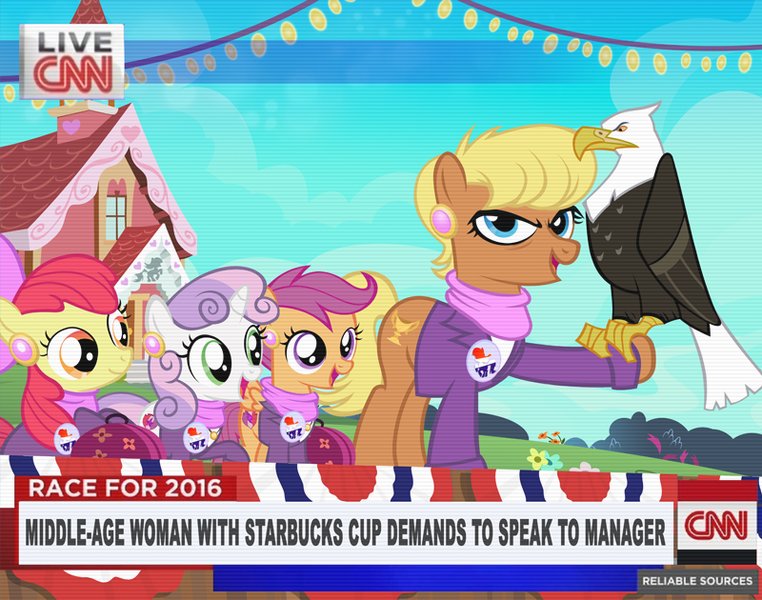 Size: 800x630 | Tagged: apple bloom, artist:pixelkitties, bald eagle, cable news network, cnn, cutie mark crusaders, derpibooru import, eagle, looking at you, ms. harshwhinny, ms. harshwhinny's election campaign, open mouth, politics, safe, scootaloo, sweetie belle, votehorse