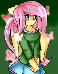 Size: 1852x2379 | Tagged: anthro, artist:rooxierookie4, blue skirt, blushing, bra, breasts, butterfly, cleavage, clothes, cute, cyan eyes, derpibooru import, digital art, female, fluttershy, green sweater, hands together, looking at you, mare, off shoulder, off shoulder sweater, pegasus, pink hair, safe, skirt, solo, standing, sweater, sweatershy, tanktop, underwear, white bra, white underwear, yellow coat