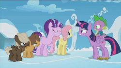 Size: 1280x720 | Tagged: safe, derpibooru import, screencap, dumbbell, fluttershy, hoops, spike, starlight glimmer, twilight sparkle, twilight sparkle (alicorn), alicorn, dragon, pony, the cutie re-mark, animated, cute, discovery family logo, dragons riding ponies, female, filly, filly fluttershy, mare, petting, riding, shyabetes, younger