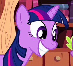 Size: 364x331 | Tagged: safe, derpibooru import, screencap, spike, twilight sparkle, dragon, pony, unicorn, lesson zero, animated, blinking, cute, female, grin, happy, looking at something, looking down, male, mare, smiling, solo focus, squee, twiabetes, unicorn twilight