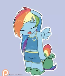 Size: 900x1050 | Tagged: safe, artist:alasou, deleted from derpibooru, derpibooru import, rainbow dash, anthro, unguligrade anthro, belly button, chibi, clothes, cute, dashabetes, eyes closed, midriff, morning ponies, pajamas, patreon, patreon logo, plushie, simple background, sleeping, slippers, solo, standing, tank slippers, tanktop