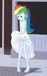 Size: 655x1060 | Tagged: suggestive, artist:carnifex, derpibooru import, rainbow dash, equestria girls, blushing, clothes, covering, dress, embarrassed, feet, female, gritted teeth, high heels, looking down, marilyn monroe, parody, rainbow dash always dresses in style, sandals, sexy, skirt, skirt lift, solo, solo female, the seven year itch, tomboy taming, wide eyes, wind
