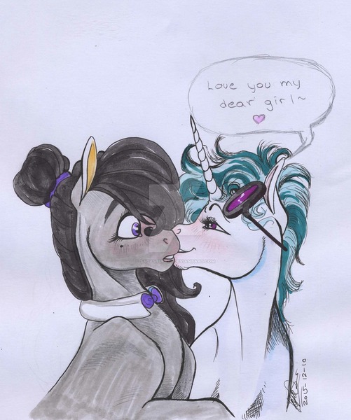 Size: 1024x1227 | Tagged: safe, artist:sagastuff94, derpibooru import, octavia melody, vinyl scratch, classical unicorn, alternate hairstyle, beauty mark, blushing, female, kissing, leonine tail, lesbian, scratchtavia, shipping, watermark