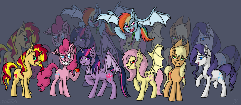 Size: 2300x1000 | Tagged: safe, artist:shimazun, derpibooru import, applejack, fluttershy, pinkie pie, rainbow dash, rarity, sunset shimmer, twilight sparkle, twilight sparkle (alicorn), alicorn, bat pony, pony, alternate mane seven, female, flutterbat, mane six, mare, pinkiebat