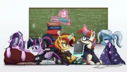 Size: 3000x1715 | Tagged: safe, artist:ncmares, derpibooru import, moondancer, starlight glimmer, sunset shimmer, trixie, twilight sparkle, twilight sparkle (alicorn), alicorn, pony, unicorn, ask majesty incarnate, :p, alternate hairstyle, blanket, book, calculus, chalkboard, clothes, counterparts, eyes closed, female, finals, floppy ears, fluffy, frown, glare, glasses, goth, hoodie, kilroy, levitation, logic, magic, magical quintet, mare, math, messy mane, nose wrinkle, on back, pillow, ponytail, prone, reading, sitting, sleeping, socks, stockings, striped socks, study group, studying, telekinesis, tired, tongue out, twilight's counterparts, underhoof, wink