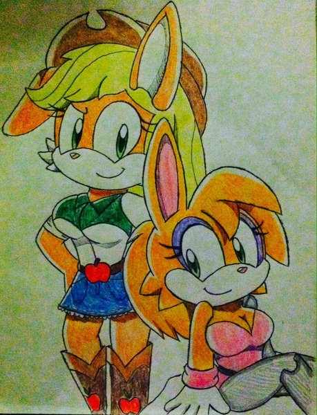 Size: 1249x1632 | Tagged: anthro, applejack, artist:sparklesthestarfox, breasts, bunnie rabbot, busty applejack, crossover, derpibooru import, female, rabbit, safe, sonicified, sonic the hedgehog (series), species swap, traditional art