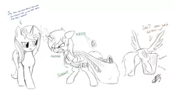 Size: 3569x1889 | Tagged: safe, artist:brisineo, derpibooru import, oc, oc:calamity, oc:littlepip, oc:velvet remedy, unofficial characters only, pegasus, pony, unicorn, fallout equestria, fanfic, black and white, brand, clothes, fallout, fallout 4, fanfic art, female, glowing horn, grayscale, grimace, horn, looting, magic, male, mare, monochrome, pipbuck, simple background, stallion, sweat, telekinesis, trash, vault suit, white background, wings