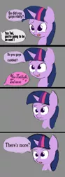 Size: 1920x5143 | Tagged: adorkable, artist:purpleblackkiwi, baby, bust, comic, cuddling, cute, derpibooru import, dialogue, dork, gray background, /mlp/, naive, oblivious twilight is oblivious, open mouth, painfully innocent twilight, pure, safe, season 5, simple background, smiling, snuggling, speech bubble, the one where pinkie pie knows, twilight sparkle