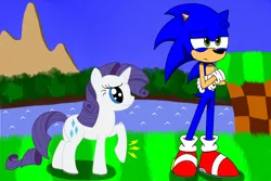Size: 1200x800 | Tagged: artist:phantomshadow051, crossover, derpibooru import, female, green hill zone, interspecies, male, rarisonic, rarity, safe, shipping, sonic the hedgehog, sonic the hedgehog (series), straight