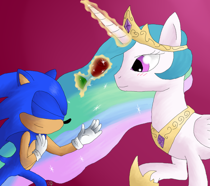 Size: 900x800 | Tagged: artist:celecrypt, crossover, derpibooru import, flower, magic, princess celestia, request, rose, safe, shipping, soniclestia, sonic the hedgehog, sonic the hedgehog (series), telekinesis