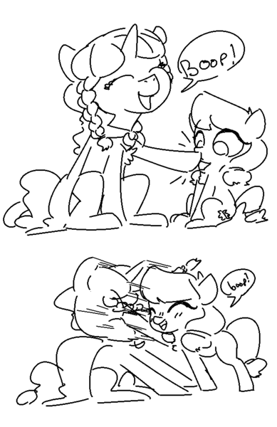 Size: 649x1000 | Tagged: safe, artist:nobody, derpibooru import, lily longsocks, oc, oc:marker pony, earth pony, pony, unicorn, background pony, boop, chest fluff, comic, earth pony master race, eyes closed, female, filly, fluffy, frown, happy, mare, monochrome, open mouth, ouch, punch, simple background, sitting, sketch, smiling, strong, super strength, this ended in pain, this ended in tears, white background, who needs a face anyways, wide eyes