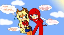 Size: 1069x589 | Tagged: anthro, applejack, appleknux, artist:prettycelestia, artist:rannaneko, crossover, derpibooru import, knuckles the echidna, safe, shipping, sonicified, sonic the hedgehog (series)