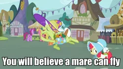 Size: 720x405 | Tagged: apple bloom, berry punch, berryshine, cherry berry, derpibooru import, family appreciation day, granny smith, image macro, meme, safe, screencap, superman