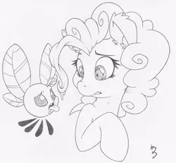 Size: 800x739 | Tagged: safe, artist:dfectivedvice, derpibooru import, pinkie pie, parasprite, cute, diapinkes, grayscale, monochrome, traditional art