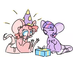 Size: 1000x771 | Tagged: safe, artist:nobody, derpibooru import, pinkie pie, twilight sparkle, mouse, hat, mousified, party hat, pinkie mouse, present, sketch, smiling, species swap, twimouse