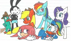 Size: 1308x749 | Tagged: applejack, artist:cmara, crossover, derpibooru import, disney, donald duck, ducktales, knuckles the echidna, oswald the lucky rabbit, perry the platypus, phineas and ferb, rainbow dash, rarity, safe, sonic the hedgehog (series), traditional art