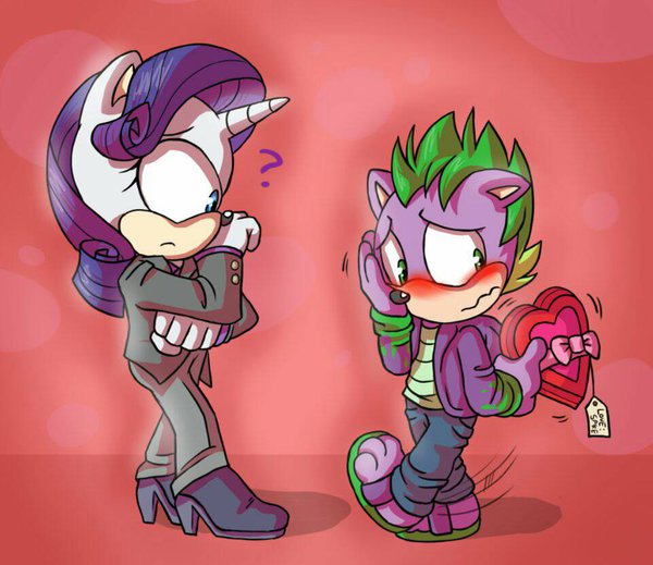 Size: 600x519 | Tagged: dead source, safe, artist:atomiclance, derpibooru import, rarity, spike, anthro, plantigrade anthro, blushing, female, male, nervous, paws, question mark, sandals, shipping, sonic the hedgehog (series), sonicified, sparity, straight