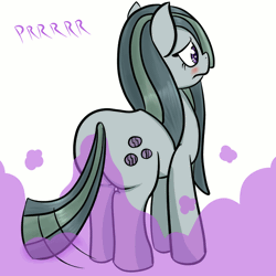Size: 800x800 | Tagged: safe, artist:happydeadpony, derpibooru import, marble pie, earth pony, pony, animated, blushing, butt, cute, embarrassed, fart, fart noise, female, gas, gif, marblebetes, marblebutt, mare, onomatopoeia, plot, purple, simple background, solo, sound effects, tail, tail wag, white background