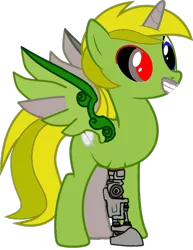 Size: 784x1018 | Tagged: safe, artist:kombatantchampion, derpibooru import, oc, oc:braveheart, unofficial characters only, alicorn, cyborg, pony, alicorn oc, amputee, augmented, clothes, costume, false teeth, heterochromia, nightmare night, nightmare night costume, prosthetic eye, prosthetic horn, prosthetic limb, prosthetic wing, prosthetics, simple background, solo, terminator, transparent background