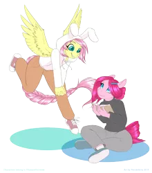 Size: 950x1081 | Tagged: safe, artist:peridotkitty, derpibooru import, fluttershy, pinkie pie, oc, oc:cottontail, oc:ink blot, anthro, earth pony, pegasus, plantigrade anthro, alternate hairstyle, animal hood, blue eyes, book, braid, braided tail, brown pants, bunny costume, bunny hood, clothes, converse, cute, cyan eyes, digital art, duo, female, flight, gray pants, gray sweater, hair accessory, hoodie, looking at each other, looking down, looking up, mare, meme, pants, pink coat, pink hair, pink mane, pink tail, shoes, simple background, sitting, sitting lyra, sneakers, spread wings, sweater, transparent background, turtleneck, ultimare universe, wings, yellow coat