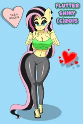 Size: 2100x3150 | Tagged: alternate hairstyle, anthro, artist:comet0ne, artist:swagalicious-tony, belly button, big breasts, blue background, breasts, busty fluttershy, cleavage, clothes, colored pupils, derpibooru import, ear piercing, emoshy, eyeshadow, female, fluttershy, heart, latex, leggings, long hair, long tail, looking at you, makeup, midriff, piercing, plantigrade anthro, sandals, simple background, solo, solo female, suggestive, tanktop, underass, wings, yoga pants