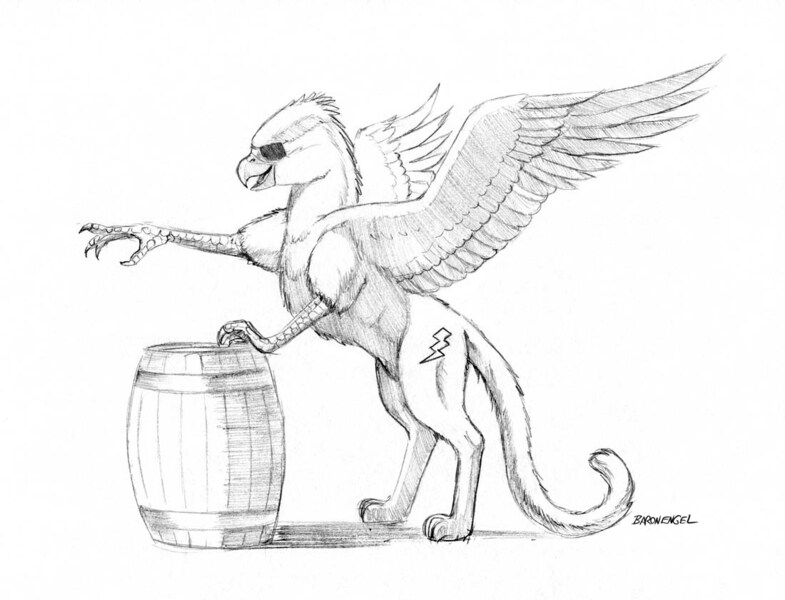 Size: 1100x841 | Tagged: safe, artist:baron engel, derpibooru import, oc, oc:white lightning, unofficial characters only, gryphon, barrel, commission, eyepatch, fake cutie mark, grayscale, monochrome, pencil drawing, solo, traditional art