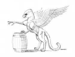 Size: 1100x841 | Tagged: safe, artist:baron engel, derpibooru import, oc, oc:white lightning, unofficial characters only, gryphon, barrel, commission, eyepatch, fake cutie mark, grayscale, monochrome, pencil drawing, solo, traditional art