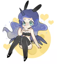 Size: 1980x2244 | Tagged: artist:kura, bandeau, bunny ears, bunny suit, clothes, cute, derpibooru import, female, horned humanization, human, humanized, lunabetes, midriff, pixiv, princess luna, socks, solo, solo female, suggestive, thigh highs, winged humanization