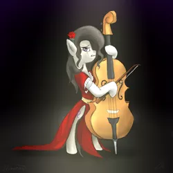 Size: 1000x1000 | Tagged: safe, artist:shimazun, derpibooru import, octavia melody, pony, bipedal, cello, crying, flower, flower in hair, musical instrument, red dress, rose, solo, spotlight