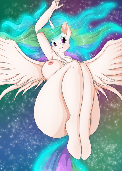 Size: 1680x2352 | Tagged: questionable, artist:suirano, derpibooru import, princess celestia, alicorn, anthro, unguligrade anthro, armpits, beautiful, breasts, busty princess celestia, ethereal mane, female, flowing mane, hand on breasts, image, multicolored mane, multicolored tail, nipples, nudity, png, praise the sun, purple eyes, royalty, smiling, solo, solo female, spread wings, stars, stupid sexy celestia, sunbutt, wide hips, wings
