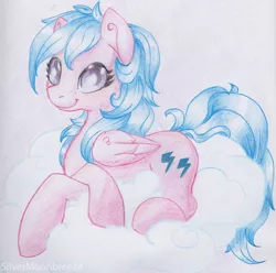 Size: 600x596 | Tagged: safe, artist:silvermoonbreeze, derpibooru import, firefly, pegasus, pony, cloud, cute, cutie mark, female, g1, g1 to g4, generation leap, hooves, looking at you, lying on a cloud, mare, on a cloud, prone, smiling, solo, traditional art, wings