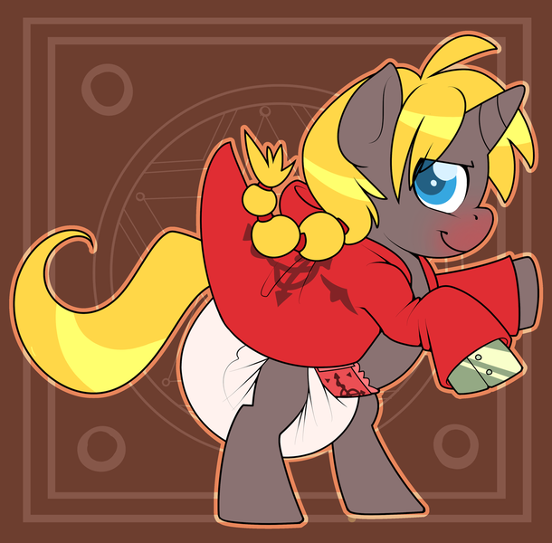 Size: 1219x1200 | Tagged: safe, artist:cuddlehooves, derpibooru import, oc, oc:coal dust, unofficial characters only, pony, baby, baby pony, clothes, cosplay, costume, diaper, diaper fetish, edward elric, fetish, foal, fullmetal alchemist, poofy diaper, solo