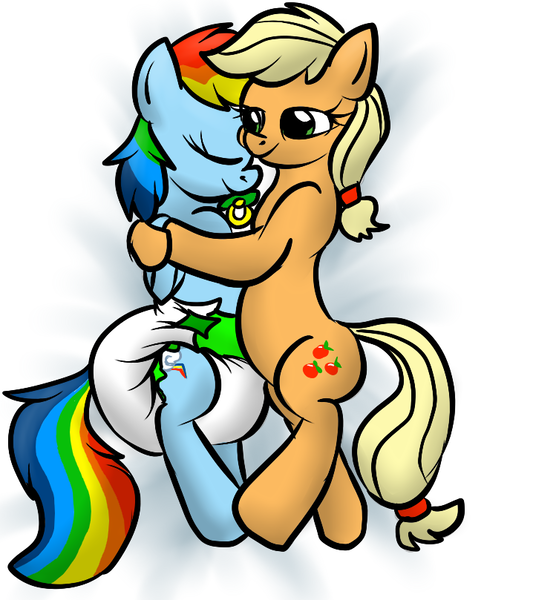 Size: 749x809 | Tagged: questionable, artist:pidgopidgey, derpibooru import, applejack, rainbow dash, adult foal, appledash, cuddling, cute, diaper, diaper fetish, female, hug, lesbian, pacifier, poofy diaper, shipping, snuggling