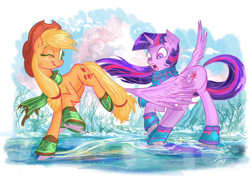 Size: 1020x715 | Tagged: safe, artist:jowybean, derpibooru import, applejack, twilight sparkle, twilight sparkle (alicorn), alicorn, earth pony, pony, twijack weekly, clothes, cloud, cloudsdale, female, graceful, ice, ice skates, ice skating, lesbian, mare, open mouth, plot, raised hoof, scarf, shipping, smiling, snow, twijack, wink, winter