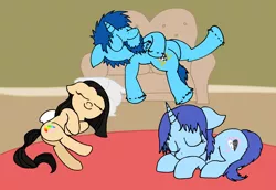 Size: 1850x1275 | Tagged: safe, artist:baratus93, derpibooru import, oc, oc:cheri bleu, oc:royal blue, oc:sky weaver, unofficial characters only, pony, unicorn, couch, cute, female, mare, pillow, room, rule 63, sleeping