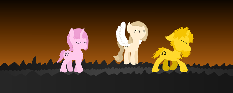 Size: 3000x1200 | Tagged: safe, artist:baratus93, derpibooru import, oc, oc:cheri bleu, oc:royal blue, oc:sky weaver, unofficial characters only, pegasus, pony, unicorn, rule 63, silhouette, stylised