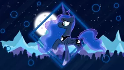 Size: 1920x1080 | Tagged: safe, artist:minhbuinhat99, artist:mumepr, derpibooru import, princess luna, alicorn, pony, female, full moon, mare, raised hoof, scenery, solo, vector, wallpaper