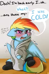 Size: 3600x5400 | Tagged: safe, artist:captainpudgemuffin, derpibooru import, rainbow dash, pegasus, pony, blushing, clothes, cold, cute, dashabetes, dialogue, female, floppy ears, hoodie, looking at you, mare, open mouth, sitting, socks, solo, sweater, sweet dreams fuel, tsunderainbow, tsundere