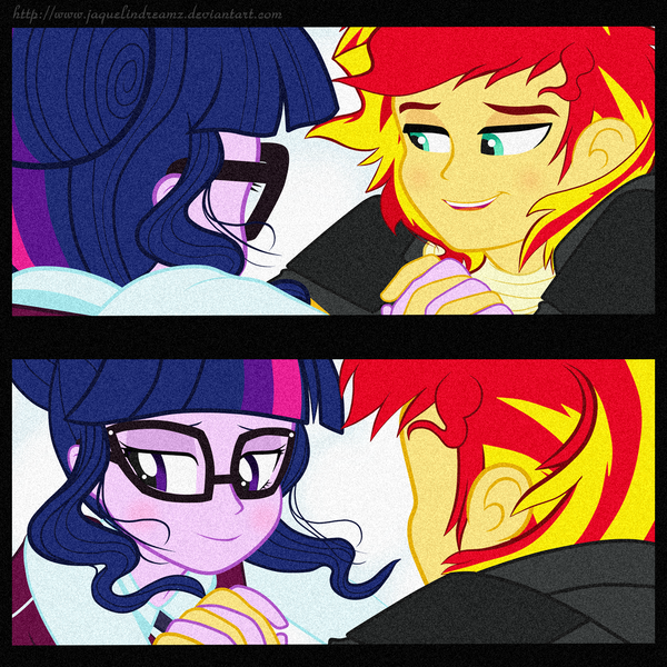 Size: 1214x1214 | Tagged: safe, artist:jaquelindreamz, derpibooru import, sci-twi, sunset shimmer, twilight sparkle, equestria girls, friendship games, blushing, cute, dancing, equestria guys, female, glasses, half r63 shipping, love, male, rule 63, scitwiglare, scitwishimmer, shipping, straight, sunset glare, sunsetsparkle, twiabetes, twiglare