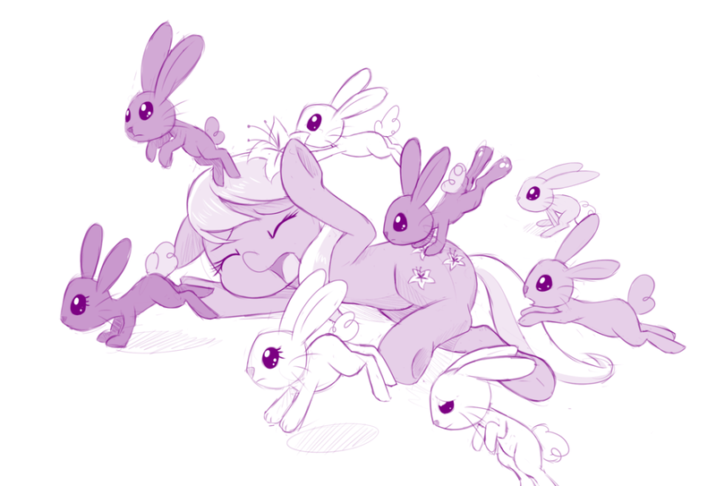 Size: 1280x868 | Tagged: adorable distress, applebuck season, artist:dstears, bunny stampede, cute, derpibooru import, flower, flower in hair, grayscale, leporiphobia, lily, lily valley, monochrome, rabbit, safe, simple background, stampede, the horror, white background