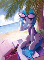 Size: 2374x3260 | Tagged: safe, artist:wtcolor, derpibooru import, part of a set, vinyl scratch, crab, pony, unicorn, beach, clothes, coke bottle, cooler, cutie mark, female, food, hooves, horn, ice cream, image, mare, mouth hold, one-piece swimsuit, palm tree, pixiv, png, popsicle, sea salt ice cream, sitting, solo, summer, sunglasses, swimsuit, tree