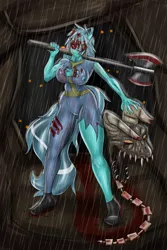 Size: 3000x4500 | Tagged: anthro, artist:sixpathsoffriendship, axe, blood, breasts, crossover, dead, deathclaw, decapitated, derpibooru import, fallout, female, grimdark, oc, oc:safesleep, severed head, solo, unofficial characters only, weapon