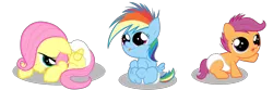 Size: 9000x3000 | Tagged: safe, artist:zigrock, derpibooru import, fluttershy, rainbow dash, scootaloo, pony, baby, baby dash, baby pony, baby scootaloo, babyshy, cute, cutealoo, dashabetes, diaper, filly, foal, shyabetes, simple background, transparent background, vector, wingless