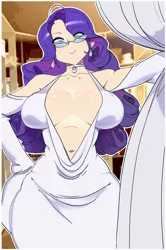 Size: 1325x2000 | Tagged: absolute cleavage, armpits, artist:maniacpaint, artist:oddmachine, belly button, big breasts, breasts, busty rarity, cleavage, clothes, collaboration, derpibooru import, dress, earring, female, glasses, huge breasts, human, humanized, piercing, rarity, solo, solo female, suggestive