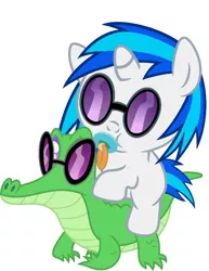 Size: 786x1017 | Tagged: safe, artist:red4567, derpibooru import, gummy, vinyl scratch, pony, baby, baby pony, babynyl scratch, cute, pacifier, ponies riding gators, recolor, riding, vinylbetes